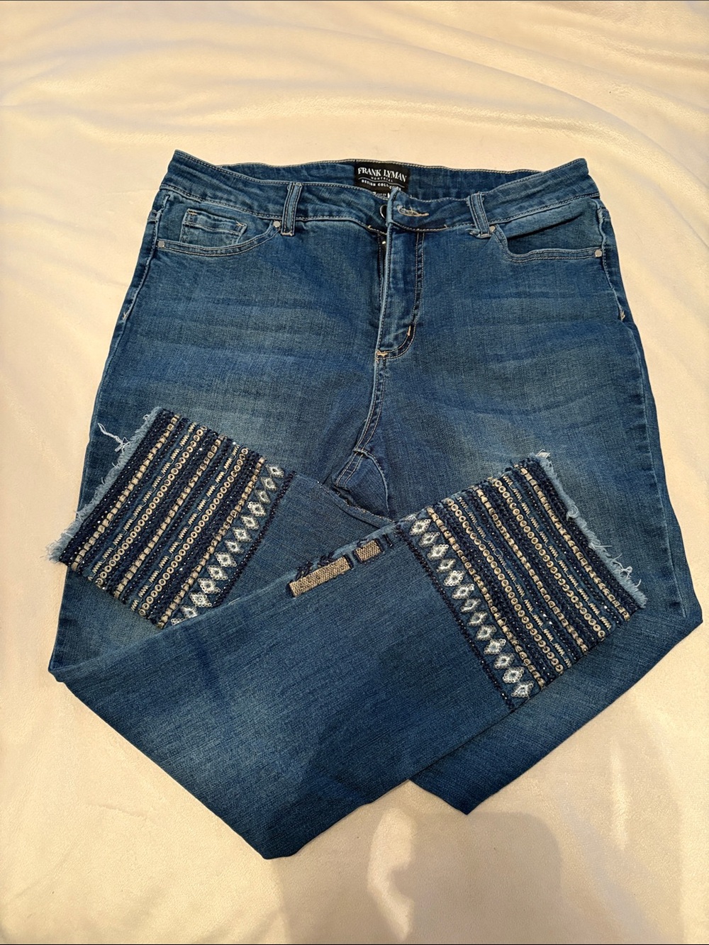 Frank Lyman Design Indigo Blue Skinny Jeans with Embroidered Patches